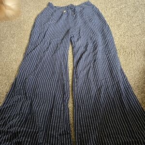 Allie Rose - Wide Leg Flowy Pants - Navy Blue Pinstripes - Women's Size S